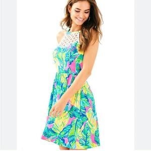 Lilly Pulitzer kinley dress sunset local flavor print eyelet lace high neck sz 0